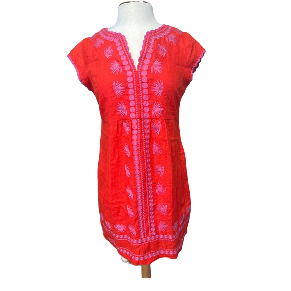 BODEN 100% Linen Embroidered Dress Size 4P Red Orange w/Pink